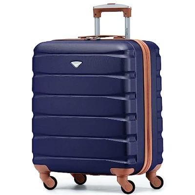 Abbildung von Flight Knight ABS Kabinenkoffer, kompatibel mit Air France, Hop! EasyJet, Ryanair und vielen anderen. Handgepäck, leicht, Kabinentasche, 4 Rädern, Marineblau/Braun, 56 x 45 25 cm, Kabinengepäck,