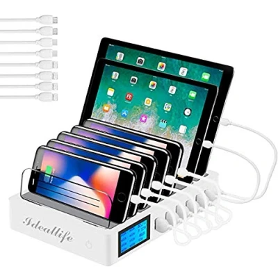 Abbildung von Ladestation für mehrere Geräte 7 Anschlüsse mit kurzen Kabeln, Multi Aufladestation,70W QC3.0 Desktop Dockingstation, kompatibel iPhone iPad Samsung Smartphones