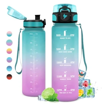 Abbildung von Trinkflasche 1L, mit Zeitmarkierung und Filter, Auslaufsicher Wasserflasche Kohlensäure Geeignet für Fahrrad, Schule, Maedchen, Sport
