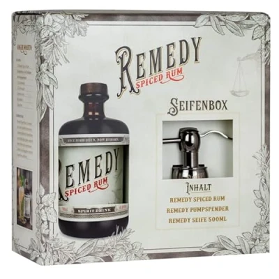 Abbildung von Remedy Spiced Rum Seifen Geschenkbox Gold Medaille Meiningers International Spirits Award Auf Basis 3 karibischer Rums Feine Noten von Vanille Orangenschale &amp; Zimt 41,5 % 1 x 0,7l