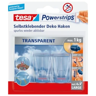 Abbildung von tesa Klebehaken für transparente Oberflächen und Glas (1 kg) Durchsichtige, selbstklebende Haken Bis zu 1 kg Halteleistung pro Haken, 2 er Pack