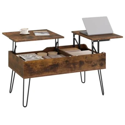 Abbildung von WOLTU Couchtisch höhenverstellbar, Beistelltisch mit doppelter Hebeplatten, Lift Top Tisch, Wohnzimmertisch, versteckter Stauraum,Rustikales Braun, Holzwerkstoff Metall,BTS14vbn