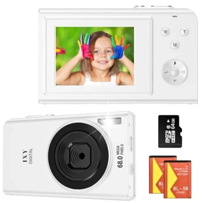 Abbildung von Digitalkamera, 68MP 4K Fotokamera mit Autofokus 16X Digitalzoom Fotoapparat, 2.4&quot; LCD Bildschirm Kompaktkamera Tragbare Digital Kamera 64GB SD Karte für Teenager Erwachsene Anfänger (Weiß)