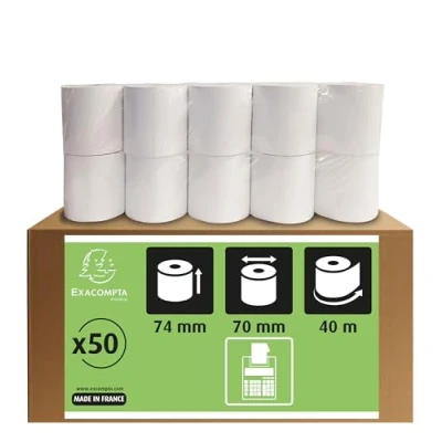 Abbildung von Exacompta 40655E 50er Pack Kassenrollen, 1 lagig Offset(holzfrei) standard, Breite: 74mm, Länge 40m, Durchmesser Kern 12mm, 60g/m², extra weiß für Tischrechner und Rechenmaschinen