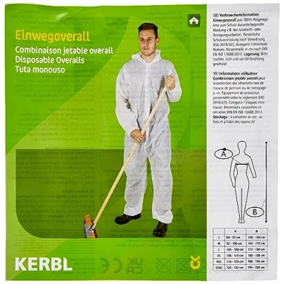 Abbildung von Kerbl Einwegoverall (Farbe Weiß, Größe L, zum Schutz vor Staub und Schmutz, mit Kapuze, Gummizug) 3409