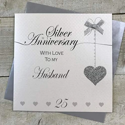 Abbildung von WHITE COTTON CARDS LLA25H Glückwunschkarte zum 25. Hochzeitstag für Ehemann, handgefertigt, Liebeslinien, Weiß/Grau/Schwarz, 16 x cm