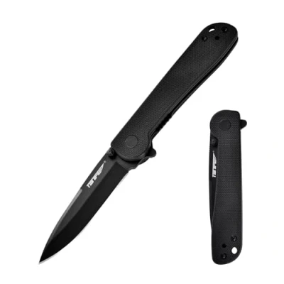 Abbildung von TONIFE Risingstar Klappmesser Outdoor Messer mit Taschenclip, 8Cr14MoV Klinge und G10 Griff für Kleine Camping (Schwarz + Schwarz Titan)