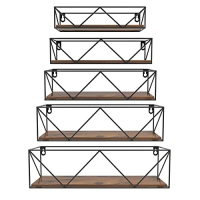 Abbildung von HORLIMER 5er Set Wandregal, Schweberegal mit Schwarz Metal Stäben und Braun Holzbrett, Rustikale Regal Wand für Küche, Bad, Schlafzimmer, Wohnzimmer Büro (W förmig)
