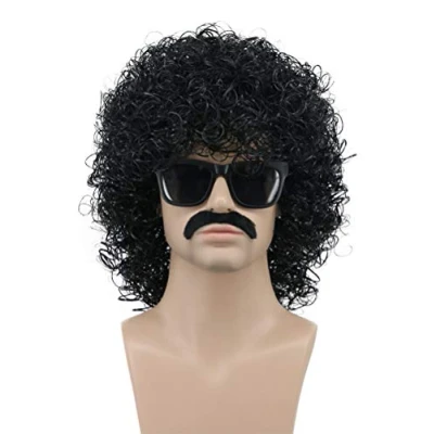 Abbildung von VGbeaty 70er 80er Jahre Schnurrbart Tash Perücke Männer Kurze Lockige Schwarz Rocker Kostüm Cosplay Party