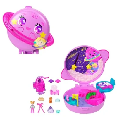 Abbildung von Polly Pocket Puppen und Spielset, Planet Weltraum Schatulle, Reisespielzeug mit 1 Minipuppe, Hündchen passendem Zubehör, JCB18