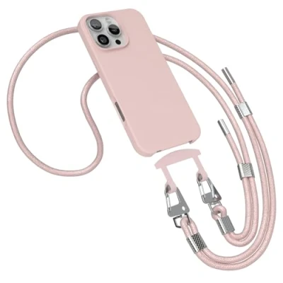 Abbildung von EAZY CASE Hülle mit Band kompatibel iPhone 16 Pro Max Handyhülle für Schutzhülle Silikonhülle Mikrofaser Fallschutz Handykette zum Umhängen 2in1 Handykordel Pink