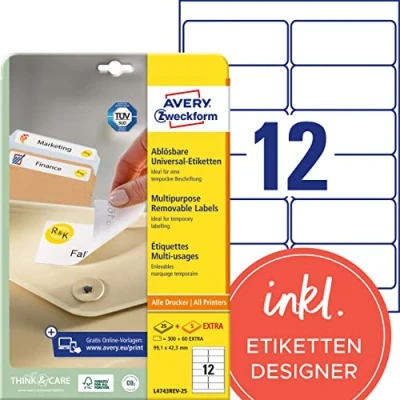Abbildung von AVERY Zweckform L4743REV 25 Universal Etiketten (300 plus 60 Klebeetiketten extra, 99,1x42,3mm auf A4, wieder rückstandsfrei ablösbar/abziehbar, bedruckbar, selbstklebende Aufkleber) 30 Blatt, weiß