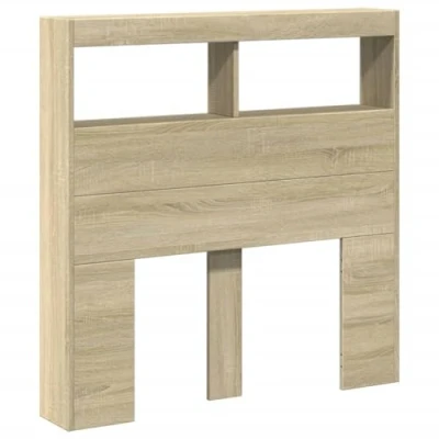 Abbildung von vidaXL LED Kopfteil mit Ablagen, Bettkopfteil offenen Fächern, Betthaupt für Schlafzimmer, Bettzubehör, Sonoma Eiche 100x17x102cm Holzwerkstoff