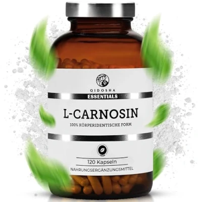 Abbildung von QIDOSHA® L Carnosin Kapseln hochdosiert, 120 im Apothekerglas, 500mg/Kapsel, vegan, laborgeprueft, deutsche Fertigung
