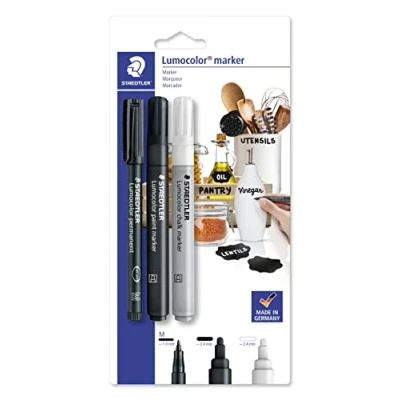 Abbildung von STAEDTLER Marker Set Lumocolor, permanenter Universalstift, Acrylmarker, Kreidemarker, für unterschiedliche Anwendungen, permanent und non permanent, schwarz weiß, 60 BK 7