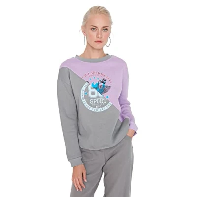 Abbildung von Trendyol Women&#039;s Crew Neck with Slogan Regular Sweatshirt, Lila, S