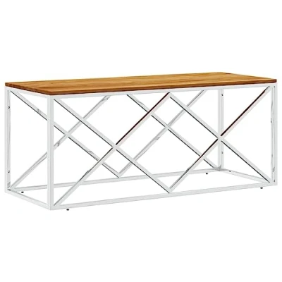 Abbildung von vidaXL Couchtisch, Beistelltisch mit viel Platz für Snacks Getränke, Sofatisch Wohnzimmer, Tisch Kaffeetisch Telefontisch, Edelstahl Massivholz Akazie