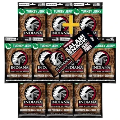 Abbildung von INDIANA BEEF JERKY Trockenfleisch, High Protein, ohne Zuckerzusatz + Salami Snack 18g (10 x 90g, Turkey Jerky)