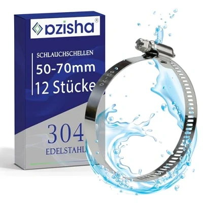 Abbildung von AZISHA Schlauchschellen 50 70mm 12 Stück 304 Rostfrei Edelstahl Schlauchschelle Einstellbare W4 Schraubschelle, Schlauchklemmen Fur Pool, Garten, Gas, Wasser, Waschmaschine, Und Kfz Schlauch