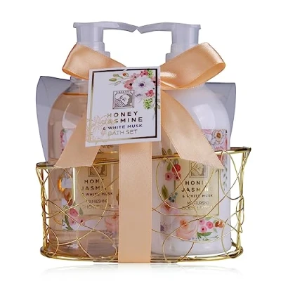Abbildung von Accentra Duschset Frauen Geschenkset HONEY JASMINE in wunderschönem Drahtkorb 2 teiliges Pflegeset mit Duschgel und Bodylotion Wellness Geschenk Set zum Geburtstag, Valentinstag &amp; Weihnachten