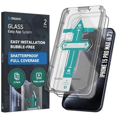 Abbildung von Deppa 2 Stück Schutzfolie für Iphone 15 Pro Max Screen (6.7 Zoll) mit Schablone Glas Folie Schutzfolie, Schutzglas, Displayschutz, Panzerfolie