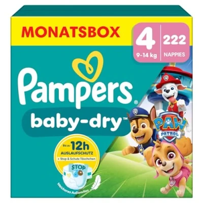 Abbildung von Pampers Baby Dry Paw Patrol Edition Größe 4, 222 Windeln, 9kg 14kg, Bis zu 100% Auslaufsicher &amp; Komfortable Nacht