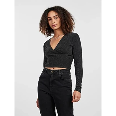 Abbildung von Pieces Pclina Cropped V NECK Langarmshirt, Damen, Größe: Small, Black