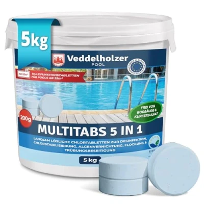 Abbildung von Veddelholzer Garten Chlortabletten 5 kg Multitabs langzeit Chlor in 1 langsam löslich Pool Zubehör 200g, (Chlortabletten für Pool, Multitabs), Tabletten zur Reinigung &amp; Desinfektion