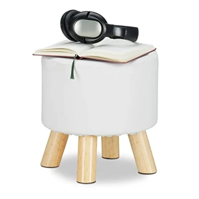 Abbildung von Relaxdays Hocker Kunstleder, gepolstert, 4 Holzbeine, Flacher Fußhocker, runder Dekohocker, H x D: 30 cm, weiß