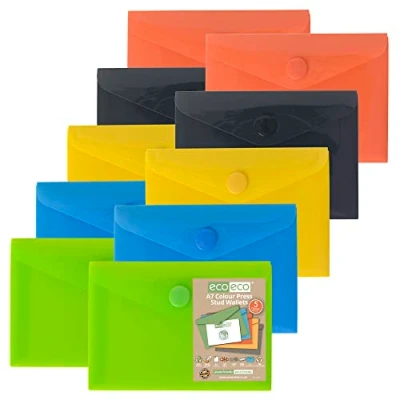 Abbildung von eco A7 50% recycelte Dokumentenmappe mit Druckknopf, 10 Stück, grün, schwarz, blau, gelb, orange, eco077x2