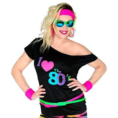 Abbildung von W WIDMANN MILANO Party Fashion T Shirt 80er Jahre Mode, ärmelloses Shirt, I love 80s, Disco Fieber, Neon, Mottoparty, Karneval