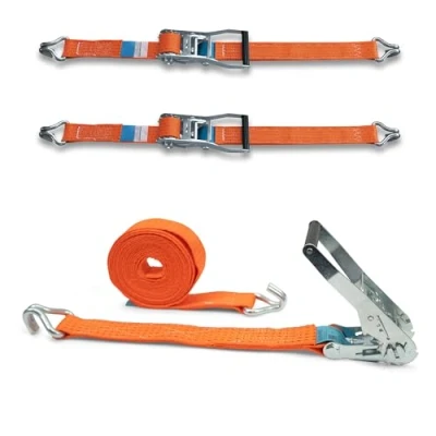 Abbildung von 2er Set Spanngurt mit Stabiler Ratsche und Profilhaken, DoZurr 5000, belastbar bis 2500 kg, 50 mm breit x 6 m lang, orange, für LKW große Anhänger