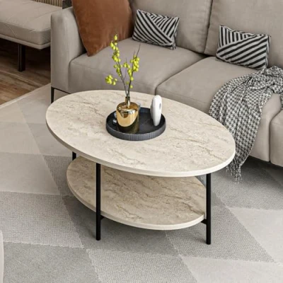 Abbildung von Hanah Home Elegant Coffee Table, Travertine Color, 90 x 36 60 cm 100% Melamine Coated Particle Board, 18 mm Thick Stylish Marble Design for Modern Living Spaces