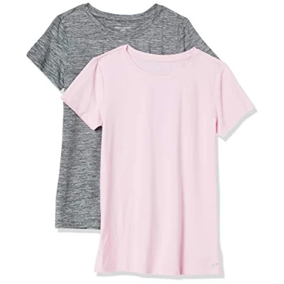 Abbildung von Amazon Essentials Damen Kurzärmliges Tech Stretch T Shirt mit Rundhalsausschnitt (in Übergröße erhältlich), 2er Pack, Grau Space dye/Hellrosa, XS