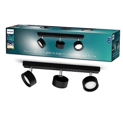 Abbildung von Philips Bracia 3 er LED Spots (16,5 W), dreiflammige Wandspots mit warmweißem Licht, energiesparende Raumbeleuchtung langer Nutzlebensdauer, schwarz