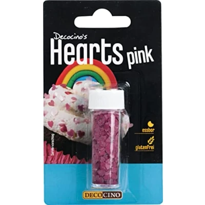 Abbildung von DECOCINO Pink Hearts essbare Glitzer Streusel über 700 Stk. rosa Streudekor mit Glitter, ideal als Torten, Kuchen &amp; Muffin Deko glutenfrei