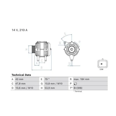 Abbildung von BOSCH 0 986 085 570 Lichtmaschine 14V 210A PEUGEOT: Boxer Kastenwagen, 3008 II SUV, Expert III Bus, CITROËN: Jumper Kastenwagen