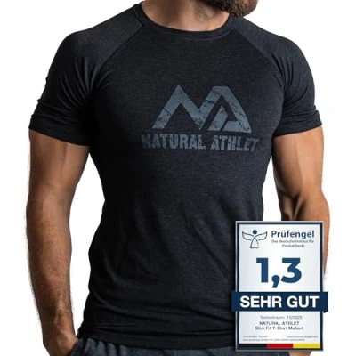 Abbildung von Herren Fitness T Shirt meliert Männer Kurzarm für Gym &amp; Training Passform Slim Fit, lang mit Rundhals, Schwarz, M