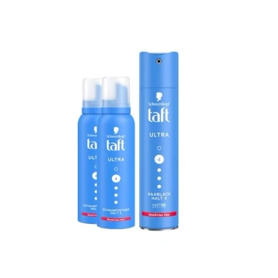 Abbildung von Taft Schwarzkopf Schaumfestiger Ultra (2x150ml) Haltegrad 4 Haarschaum für alle Haartypen &amp; Haarlack (250ml) Haarstyling, Haarspray, gestärktes Haar, vegane Formel*