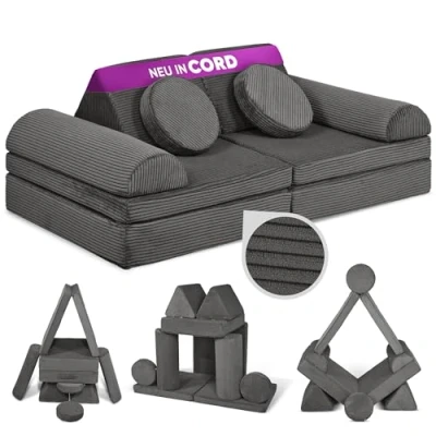 Abbildung von Linodino® Spielsofa Cord Fantasiewelt, Kindersofa Bausteine Kreative Stapelsteine für Kinder Kindercouch, Sofa Kuschelecke im Kinderzimmer Schaumstoff Softbausteine [Nashorn Grau]