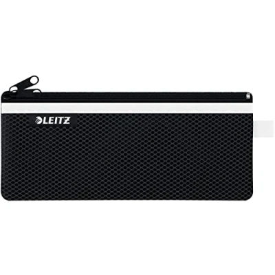 Abbildung von Leitz WOW Mäppchen mit 2 Fächern, Leichtläufiger Reißverschluss, Abwaschbar, Ideales Nylon Stifteetui, Größe M, 21 x 8,5 cm, Schwarz, 40120095
