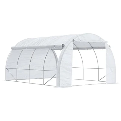 Abbildung von Outsunny Foliengewächshaus Gewächshaus mit UV Schutz, Seitentür, BxTxH: 397 x 300 200 cm, BxLxH: 0.5 mm Wandstärke, Tomatenhaus 1 St., Treibhaus, Stahl, Weiß 397L 300B 200H cm