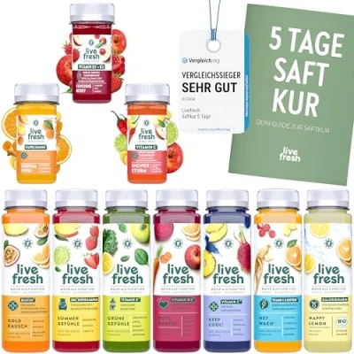 Abbildung von LiveFresh Saftkur 5 Tage 35 Säfte (250ml) &amp; 15 Shots (60ml) kaltgepresst ohne Zuckerzusatz Vegane Fastenkur Inkl. Booklet mit Tipps Tricks Frisch gepresste Fruchtsäfte 8,75 Pfand