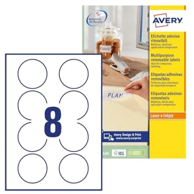 Abbildung von Avery L4852REV Selbstklebende runde Etiketten, alle Drucker, 8 Etiketten pro A4 Bogen, 200 weiß