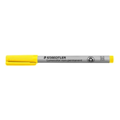 Abbildung von STAEDTLER Folienstift non permanent Lumocolor, gelb, wasserlöslich, Made in Germany, lange Lebensdauer, Rundspitze M ca. 1,0, 10 gelbe Universalstifte im Kartonetui, 315 1