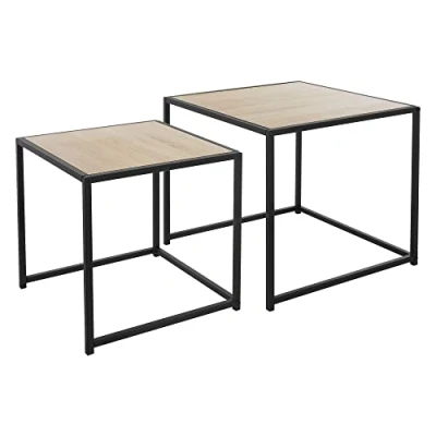 Abbildung von ML Design Beistelltisch 2er Set 40x40x40cm/50x50x45cm, quadratisch, Schwarz/Eichenoptik, Metallgestell, stapelbar, Couchtisch Satztische 2 Größen, TLG Wohnzimmertische, Sofatische Kaffeetische