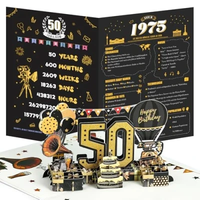 Abbildung von Joyoldelf 50. Geburtstagskarte, 1975 Jahrgang Geburtstag Karte, 3D Pop Up Grußkarten mit Umschlag, Vintage Geschenke für Mann und Frau