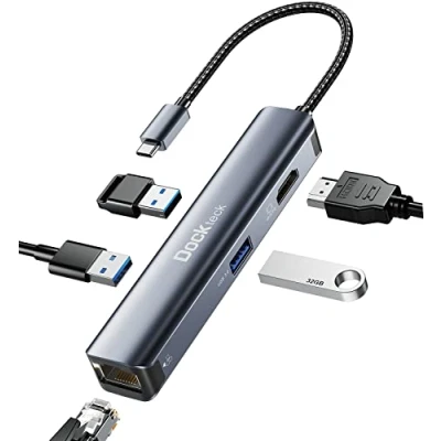 Abbildung von USB C Hub Dockteck 5 in 1 Dock, Adapter mit Ethernet LAN RJ45, 4K HDMI, 3 3.0 für MacBook Pro/Air M1, iPad 5, Surface usw