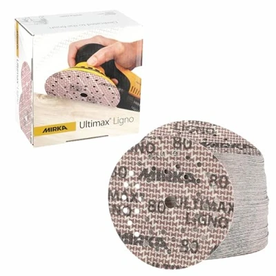 Abbildung von Mirka Ultimax Ligno Ø 125mm Schleifscheiben Klett Multifit/Korn 80/100 Stück/Multi Lochung/zum Schleifen von Holzoberflächen
