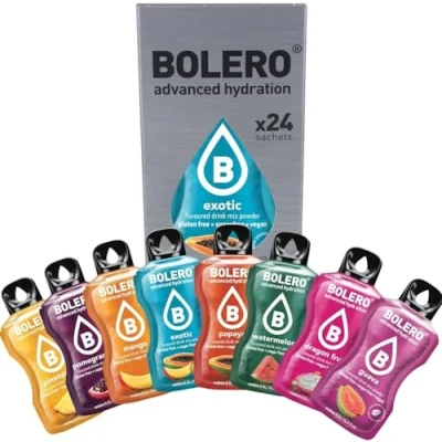 Abbildung von Bolero EXOTIC MIX 24x3g Saftpulver ohne Zucker, gesüßt mit Stevia + Vitamin C glutenfrei und veganfreundlich Mischung aus verschiedenen exotischen Geschmacksrichtungen